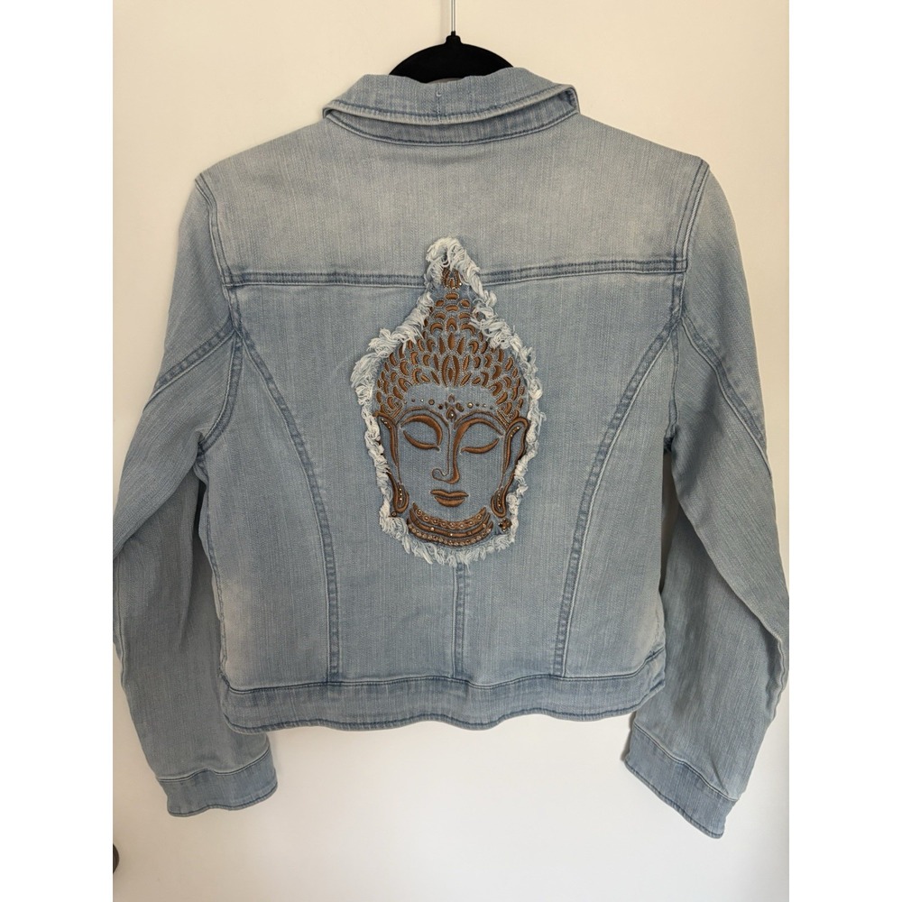G.I.L.I. light wash denim jacket with studded Embroidered Buddha patch back 10